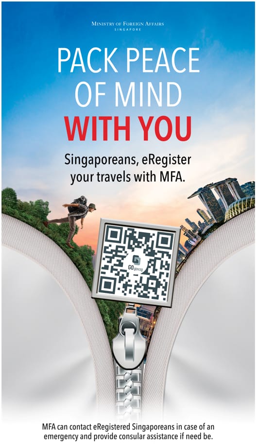 Singapore MFA ad: "Pack peace of mind with you." Zipper reveals QR code and Singapore scenes.